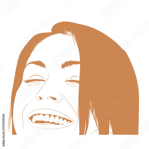 This is an illustration of a woman's face, close-up, rendered in a monotone brown-orange color on a white background. She appears to be laughing or smiling broadly with her eyes closed, showing her te