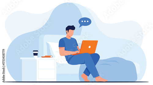 Vector art of a man is sitting on his bed, working on his laptop, and chatting with someone he is working from home and communicating online