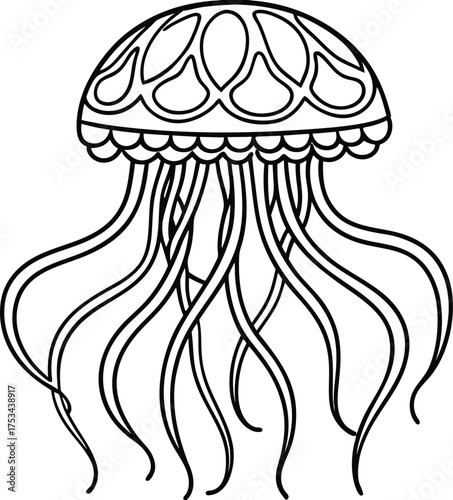 Black and white outline jellyfish with flowing tentacles