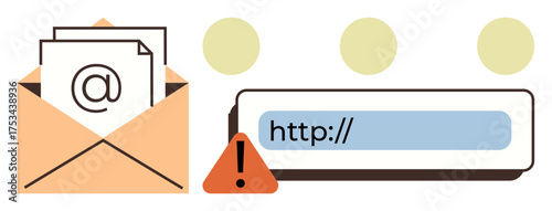 Open envelope with email icon, browser URL bar with warning triangle, and abstract dots. Ideal for cybersecurity, communication, warning system, online activity, scam prevention, technology simple