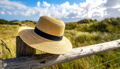 Fototapeta Naklejka Na Ścianę i Meble -  A straw hat rests on a weathered wooden fence post. Tall grasses and dunes create a scenic backdrop under a partly cloudy sky