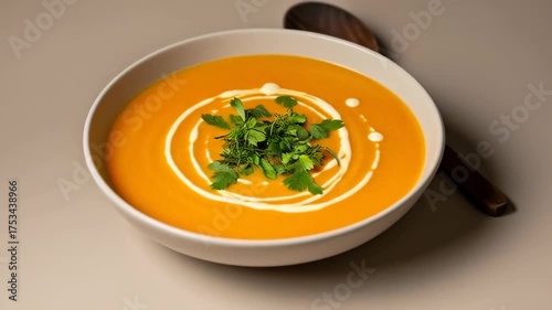 Wallpaper Mural Creamy Pumpkin Soup: A Delicious Bowl with Fresh Herbs and Wooden Spoon Torontodigital.ca