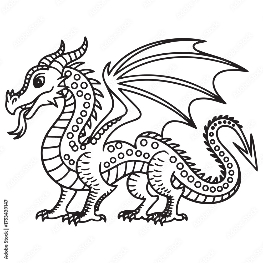 Fototapeta premium Cartoon mythical dragon black and white coloring book isolated on white background