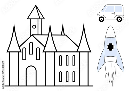 Castle with spires, small car, and blue rocket in minimal style. Ideal for fantasy, transportation, innovation, creativity, exploration architecture and imagination. A simple flat metaphor