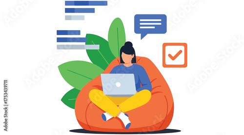 Vector art of a woman sits comfortably in a beanbag chair, engrossed in her laptop, surrounded by symbols of productivity and organization, illustrating the modern workfromhome setup