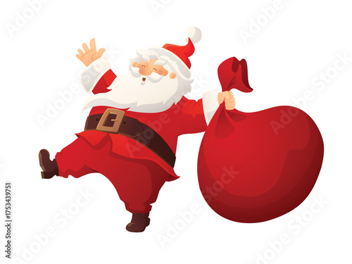 Full-body vector Santa Claus dancing with a big red Christmas sack of gifts. Cheerful cartoon, no text. Great for Christmas posters, banners, greeting cards. Transparent background in vector file.