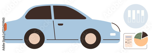 Light blue car alongside bar chart, pie chart, and document. Ideal for automotive analysis, transport data, vehicle statistics, market research, eco-innovation, fleet management simple flat metaphor