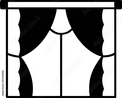 Black and white stylized window with elegantly draped curtains featuring a swag and pelmet design, ideal for a stage or theatrical backdrop