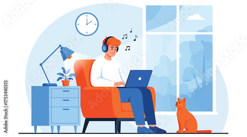Vector art of a young man is sitting in an armchair with a laptop, listening to music with headphones, and a cat is sitting next to him