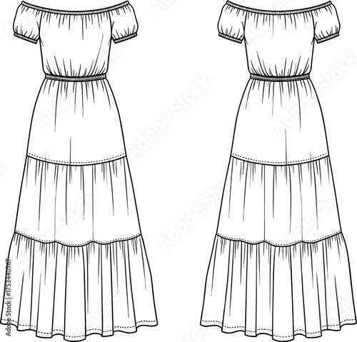 dress maxi fashion apparel garment clothing outfit textile fabric illustration vector template design sketch pattern style art flat drawing technical tiered