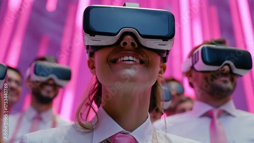 Metaverse Office Party, employees enjoying virtual social event inside glowing metaverse city.