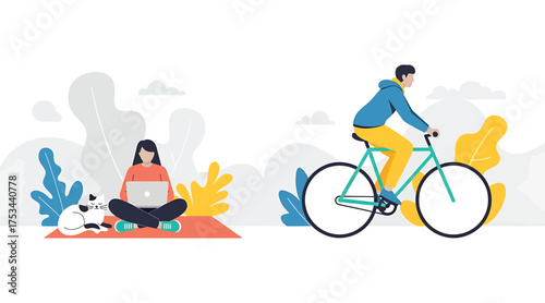 Vector art of a woman is sitting with a laptop and a dog, and a man is riding a bicycle