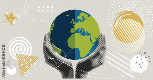 World Earth day halftone collage. Trendy vintage mixed art with halftone hands supporting earth. Concept of protection the Earth with human hands. 22 april. Vector design.