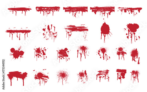 Collection of realistic red blood splatters and drips isolated on transparent background