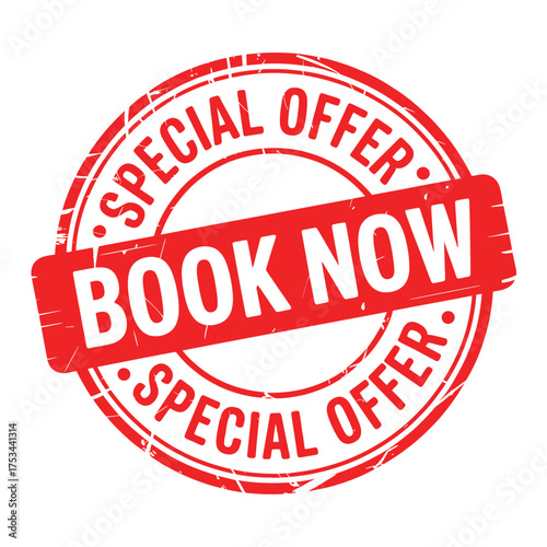 Red stamp with book now special offer text