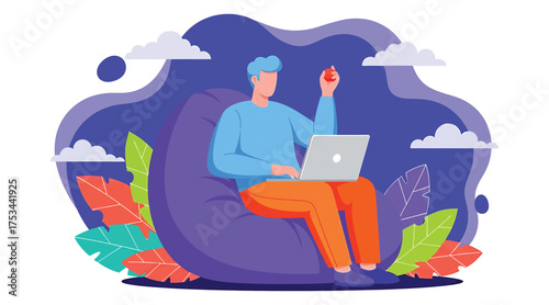 Vector art of a man is sitting in a beanbag chair with a laptop, holding a strawberry