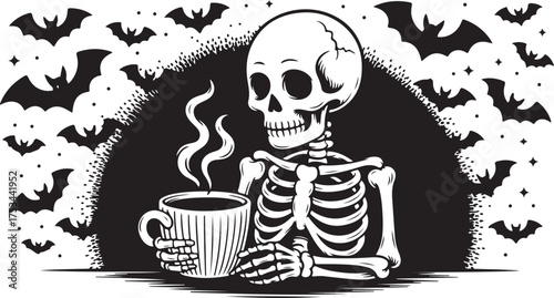 Skeleton Holding Coffee Cup Black Line Vector Illustration
