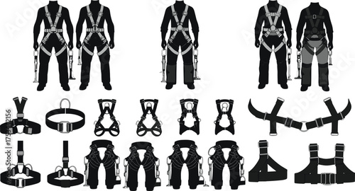 Safety harness silhouette, industrial fall protection vector, construction worker gear illustration, climbing equipment clip art, security strap design, 
