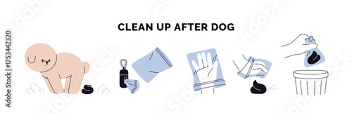 Clean up after dog. Pet pooping outdoors, owners hand picking up, collecting feces with bag, throwing to trash bin. Canine excrements cleanup. Flat vector illustration isolated on white background.
