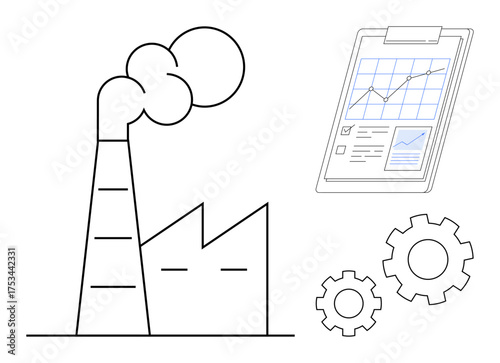 Factory with smokestack emitting smoke, gears symbolizing processes, and clipboard displaying analytics. Ideal for industry, production, analysis, growth, sustainability planning operations. Simple