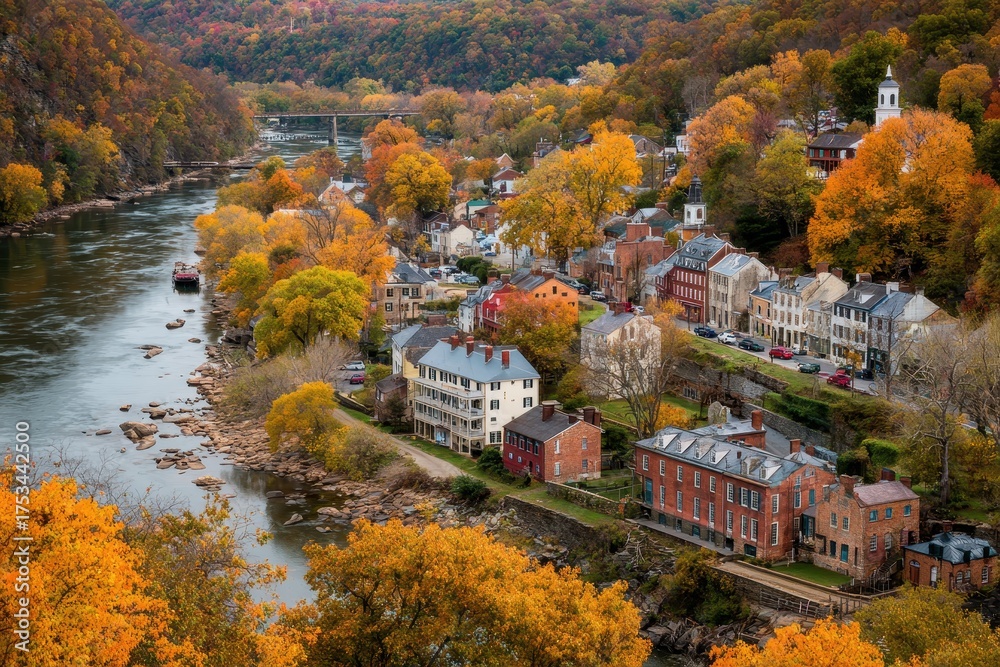Obraz premium Small Town West Virginia: Harper's Ferry Overlook with Colorful Foliage by Shenandoah River