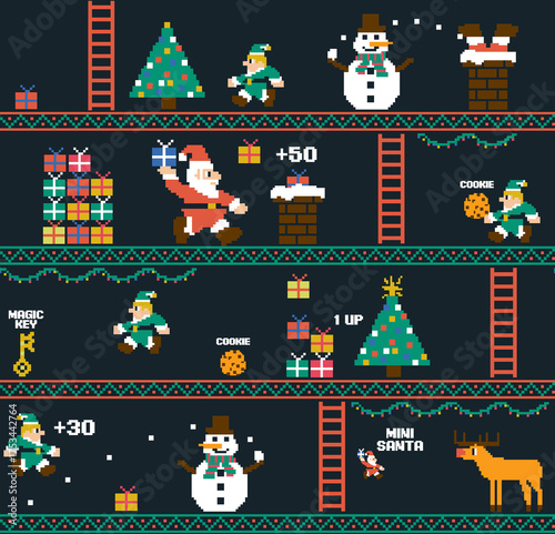 Retro Christmas pixel art video game illustration. 8-bit holiday scene with Santa, elf, and snowman characters. Festive winter arcade background for geeky cards, posters, or prints.
