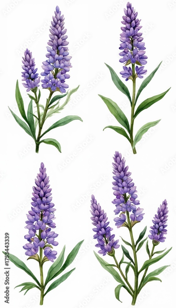 Fototapeta premium Watercolor illustration of Agastache flowers on white. Botanical art with purple blossoms green leaves on stems. Nature painting is suitable for various design projects