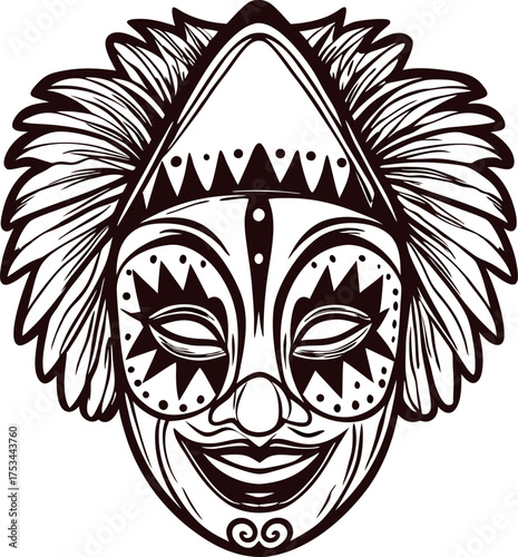 Traditional tribal mask with geometric patterns and feathered headdress, detailed hand drawn black and white illustration