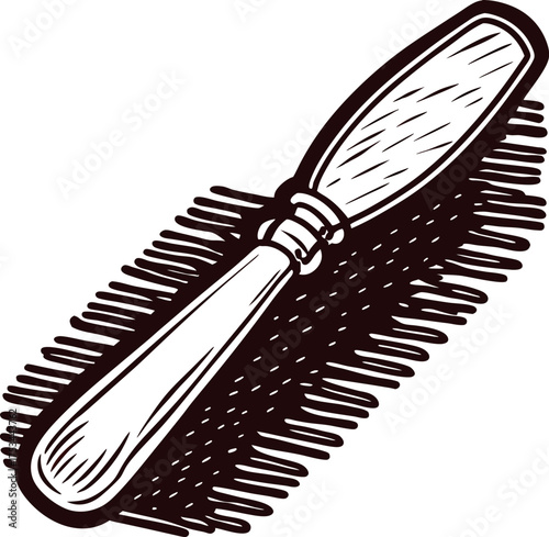 Vintage engraved illustration of a hand drawn wooden butter knife with detailed hatching shadow