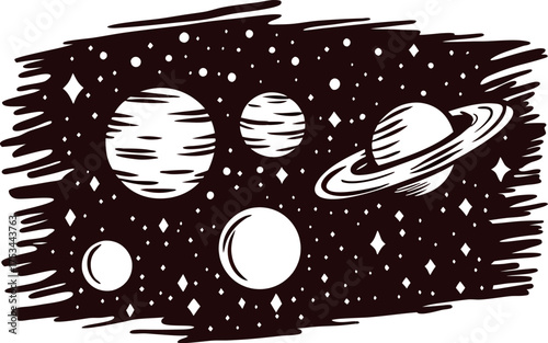 Hand drawn sketch illustration of planets and stars in outer space isolated on white background