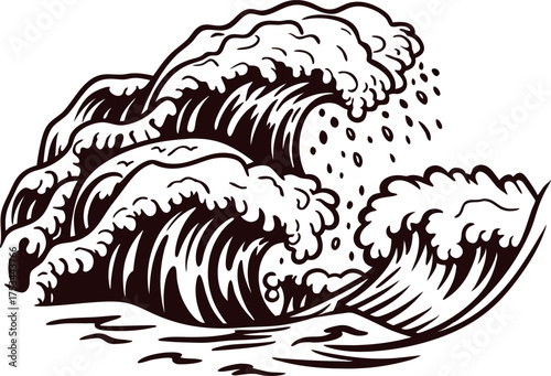Hand drawn turbulent ocean waves splashing with foam vintage engraved black and white illustration
