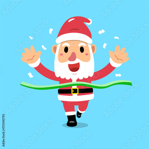 Cartoon Santa Claus running through the finish line celebrating success and victory