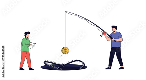 Two men fishing for a coin in a trap.