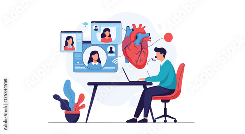 Online cardiology consultation using a laptop computer.