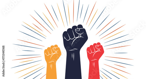 Three raised fists of solidarity in different colors with rays of light.