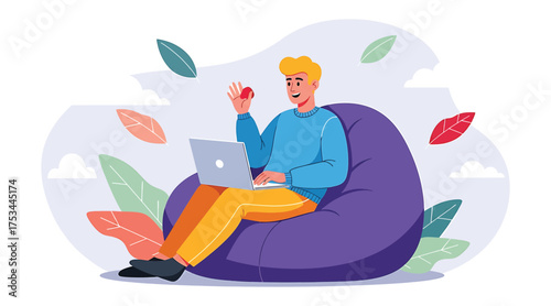 Vector art of a young man is sitting in a beanbag chair with a laptop and eating an apple, working from home, vector illustration in flat style
