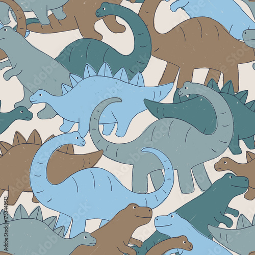 Cute dinosaur seamless pattern. Hand-drawn dino characters in muted colors. Prehistoric animal background for kids' and boys' fabric, nursery wallpaper, or textile design.