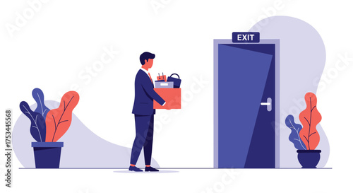 Man with box of belongings leaving office through exit door.