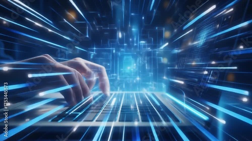High resolution video of laptop keyboard typing with glowing interface animation on a seamless dark blue background with futuristic tone business productivity and innovation energy perfect for tech ma