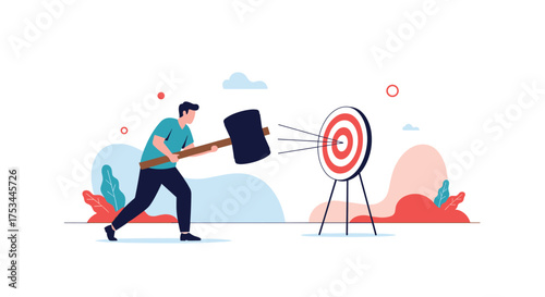 Man hitting target with a giant hammer on a tripod.