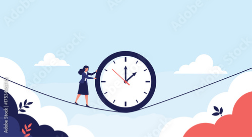 A woman carefully balances on a tightrope with a large clock.
