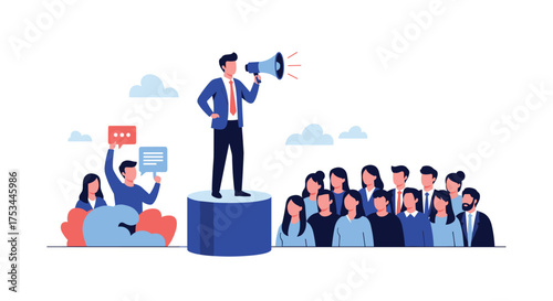 A confident business leader addresses a crowd through a megaphone inspiring them to follow.