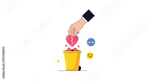 A hand is throwing a broken heart into a trash can with emojis nearby.