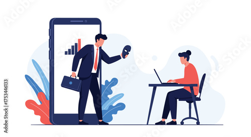 Man in suit holding mask coming out of smartphone screen confronting person at desk with laptop.