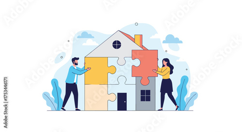 People assembling a puzzle that forms a house together to represent teamwork.