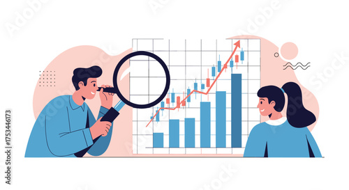 Analyzing financial growth charts with a magnifying glass shows positive trends.