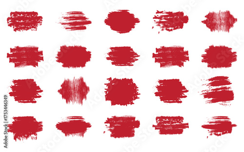 Collection of twenty red paint brush stroke splatters and smudges isolated on transparent background