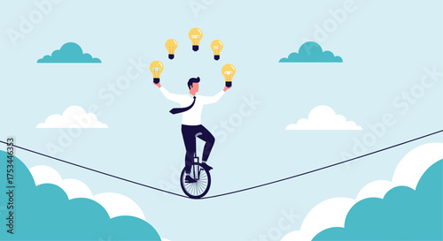 A businessman juggles lightbulbs while riding a unicycle on a tightrope.