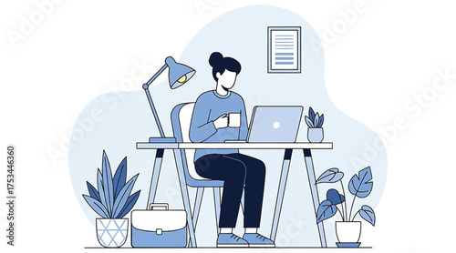 Vector art of a woman is working on her laptop at her desk, drinking coffee, and surrounded by plants she is working from home in a comfortable environment