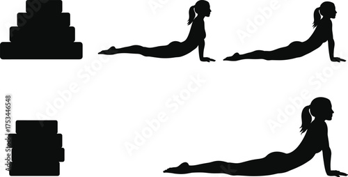 yoga, block, pose, cobra, stretch, exercise, workout, training, pilates, balance, health, fitness, sport, body, strength, flexibility, silhouette, vector, design, illustration